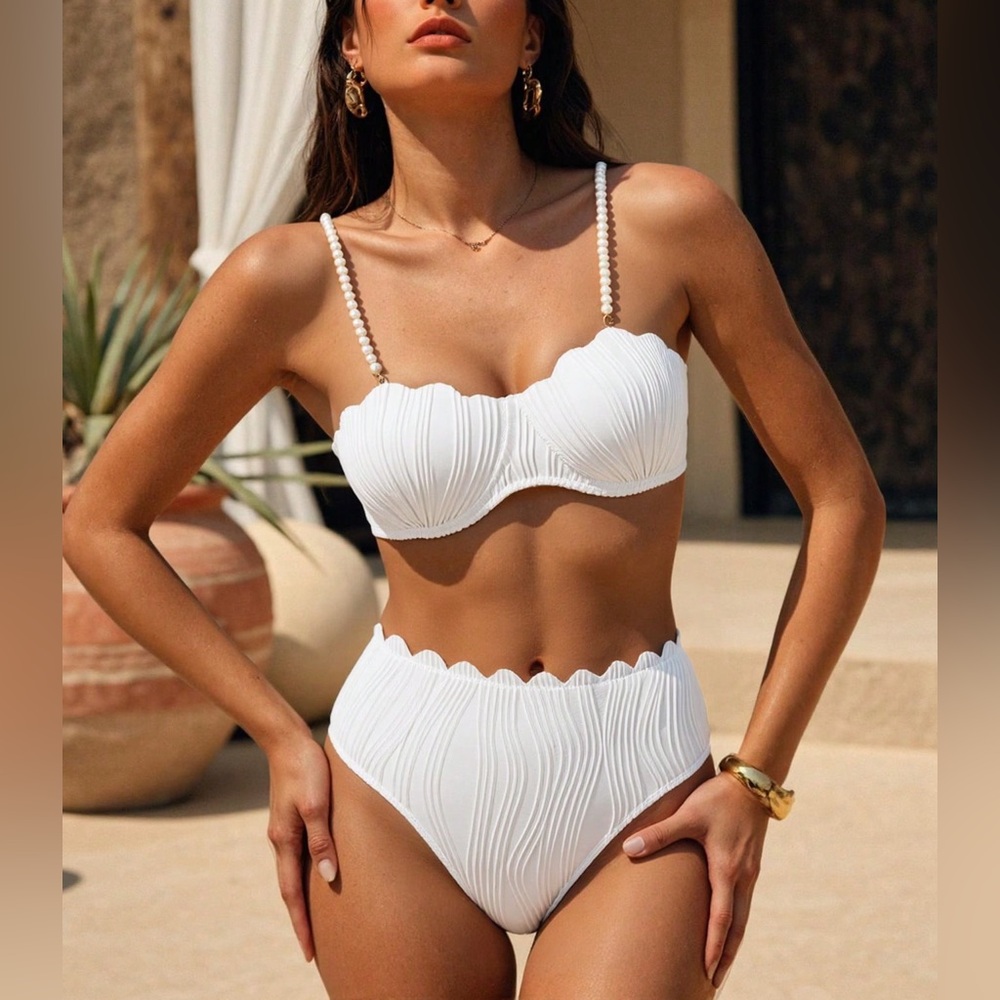 Shell Mermaid White Pleated Bikini Set Pearl Strap High Waist Scalloped Swimsuit